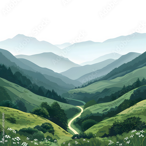 Overcast skies loom above verdant mountain slopes with a winding path visible in the valley isolated on white background, flat design, png 