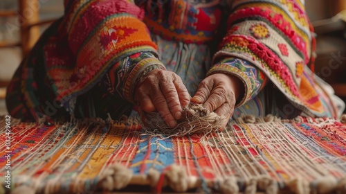 Close-up of female hands weaving a colorful carpet
