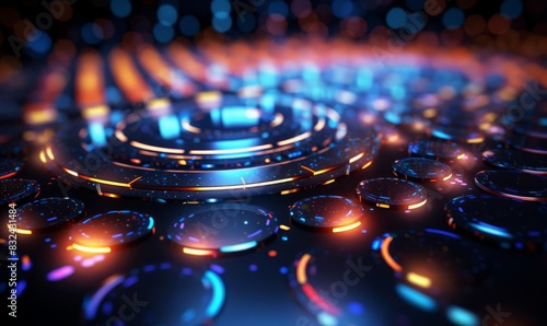 Digital wallpaper featuring colorful neon circles in a futuristic tech layout selective focus, dynamic design, realistic, manipulation, techinspired backdrop