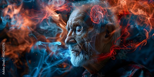 Portrait of elderly man with mental health issues showing complex brain processes. Concept Mental Health, Elderly Care, Brain Processes, Portrait Photography, Empathy