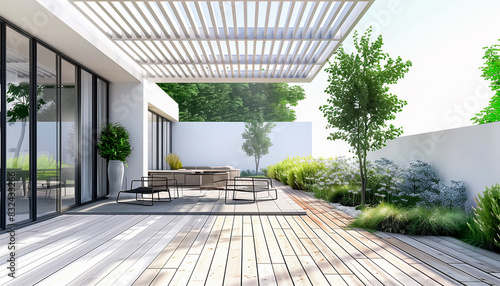 Projet de construction d'une véranda ou pergola bioclimatique pour une maison d'habiation moderne blanche