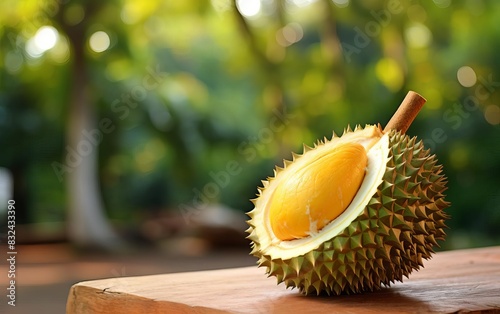 Durian with its sweet and aromatic profile highlighted in a closeup view selective focus, exotic scent, dynamic, manipulation, natural backdrop