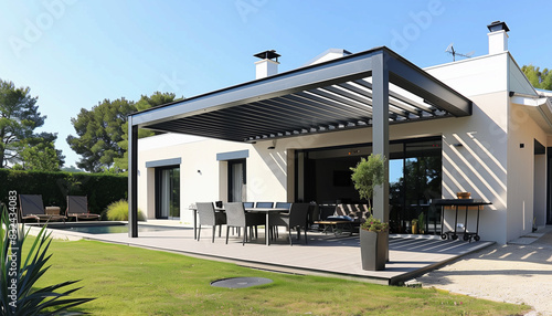 Projet de construction d'une véranda ou pergola bioclimatique pour une maison d'habiation moderne blanche