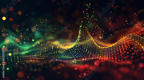 Colorful abstract digital art featuring bokeh dots and sound waves on a black background.