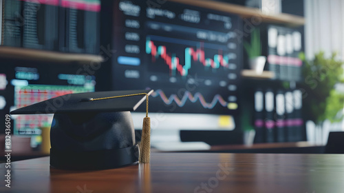 A degree hat on desk and screen with stock chart and graph, represent learning financial and investment skills to create income and financial freedom