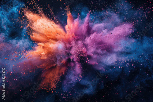 A colorful explosion of powdery dust with a blue and orange swirl. The colors are vibrant and the dust is scattered all over the image