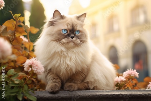 Portrait of a cute himalayan cat in vibrant city park