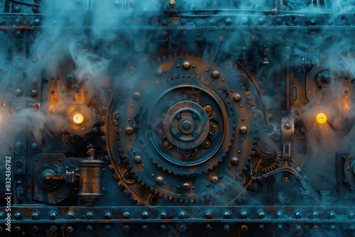 A steam engine with a large round gear and a lot of smoke coming out of it