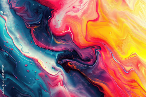 A colorful painting with a lot of swirls and splatters. The colors are bright and bold, creating a sense of energy and movement. The painting seems to be abstract, with no clear subject or focal point