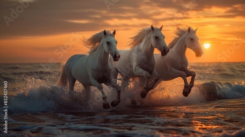 three white horses running on the beach during sunset and splashing in the water