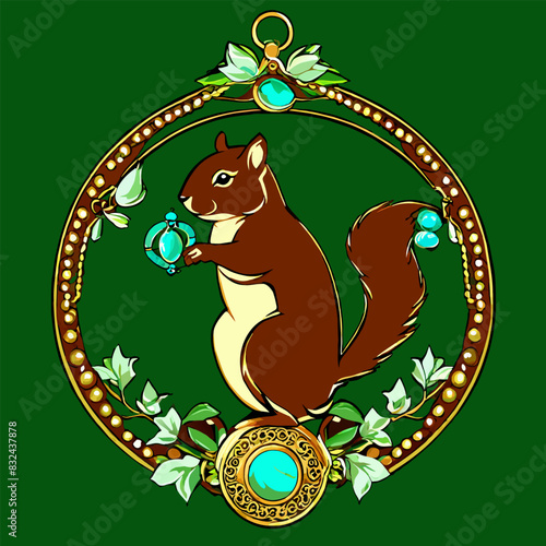 copper squirrel with jewellery and jewell stones art nouveau, vector illustration