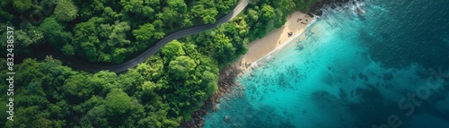 aerial view of a winding road through lush tropical rainforest, leading to a hidden beach paradise