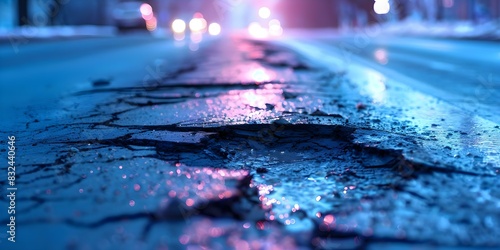 Poor quality city road with damaged asphalt potholes and dangerous conditions. Concept Poor Road Conditions, City Infrastructure, Pothole Problems, Asphalt Maintenance, Urban Safety