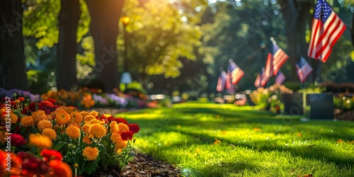 A memorial park with American flags and flowers to honor veterans. Concept Veterans, Memorial Park, American Flags, Flowers, Honor