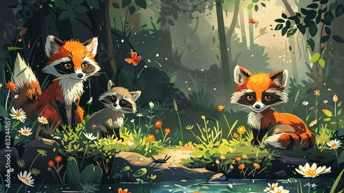Boho-style cartoon of woodland creatures like a fox and raccoon in a summer forest