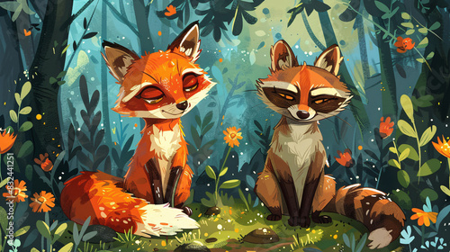 Boho-style cartoon of woodland creatures like a fox and raccoon in a summer forest