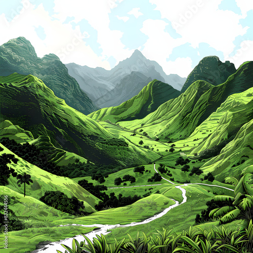Overcast skies loom above verdant mountain slopes with a winding path visible in the valley isolated on white background, pop-art, png 
