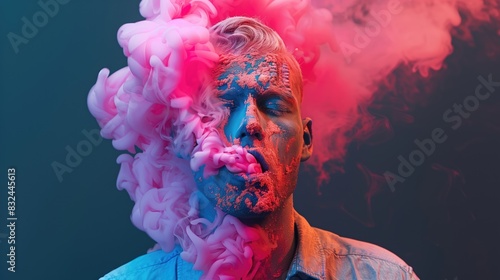 Abstract photo of a man with pink smoke from his mouth on neutral studio background as smoking and lungs and throat cancer healthcare background