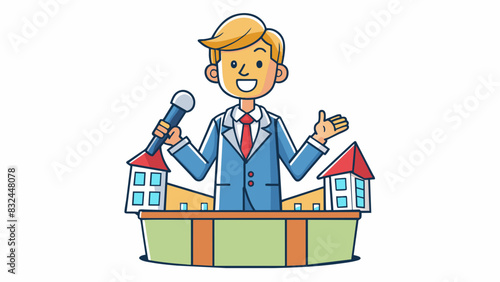 In community gatherings the councillor is often seen standing on a makeshift stage holding a microphone and delivering a passionate speech about their. Cartoon Vector.