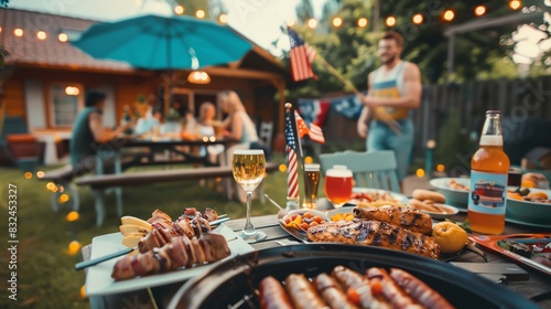 A lively backyard barbecue party with friends featuring grilled food, drinks, and festive decor in a relaxed outdoor setting.