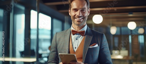 Businessman CEO standing in office using digital tablet and smiling