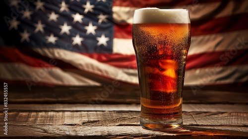 A refreshing glass of beer with frothy bubbles against the backdrop of an American flag on a wooden table.