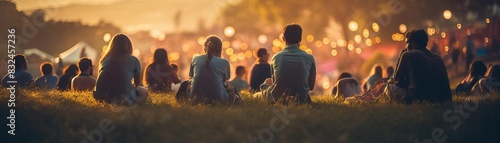 Friends sitting on the grass watching a performance at a music festival close up, relaxed enjoyment, realistic, composite, festival field backdrop