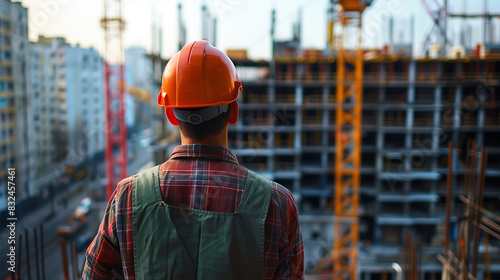 A construction worker in a hard hat standing with their back to the camera, looking at a large construction site with cranes and scaffolding,showcasing responsibility and oversight in the construction
