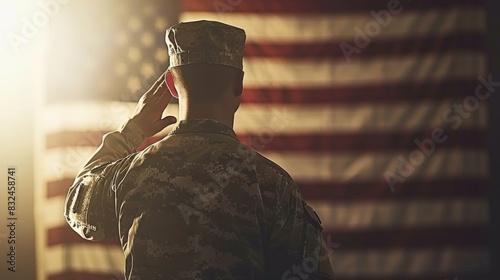 A soldier salutes the American flag, symbolizing patriotism and dedication to country. The flag is blurred in the background with lighting effects.
