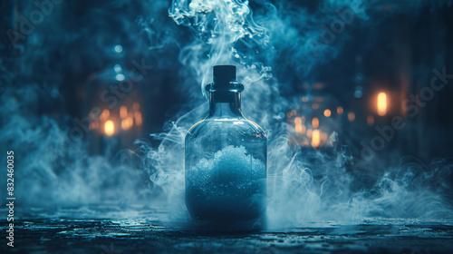 Dry ice inside a bottle with smoke coming out and spreading in the background