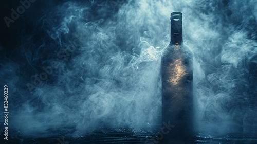 Dry ice inside a bottle with smoke coming out and spreading in the background