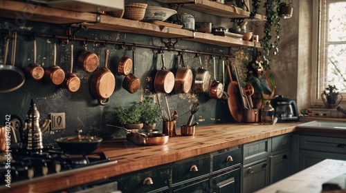 A rustic kitchen with earth-tone cabinets, wooden countertops, and copper pots hanging from a rack
