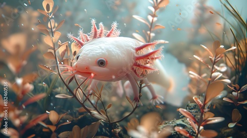 Close-up of a vibrant axolotl in an underwater environment, surrounded by aquatic plants and soft lighting for a calming effect.