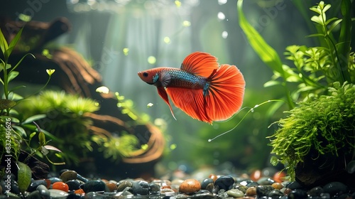 Vibrant red betta fish swimming in a lush, green aquarium with natural lighting and aquatic plants.