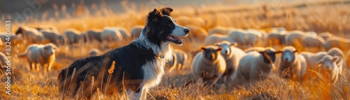 A border collie herding a flock of sheep in an open field at sunset, showcasing rural farm life and the bond between dog and sheep.
