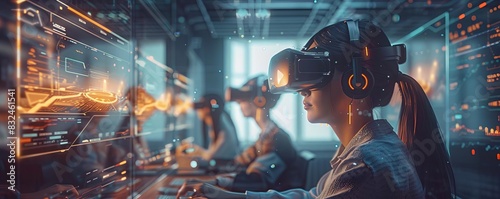 Professionals using virtual reality technology with holographic interfaces in a modern high-tech workplace.