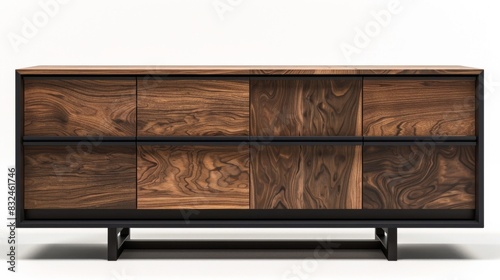 High-detail photo of a modern sideboard with sliding doors, isolated on a white studio background
