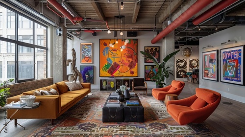 Modern industrial loft with vibrant artwork, wooden furniture, and large windows providing natural light. Orange chairs and a colorful rug accentuate the space.