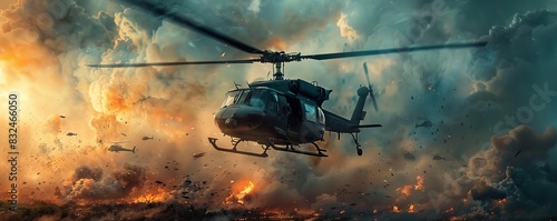 Dramatic military helicopter flying over a battlefield with explosions and smoke in the background during an intense combat scene.