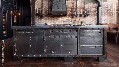 Industrial kitchen cabinet with rustic metal texture