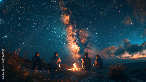 Friends bonding on a camping trip under starry sky group enjoying campfire, sharing stories. Ideal for outdoor travel ads in Photo Stock Concept