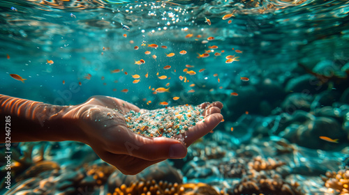 A hand is holding a handful of sand in a body of water