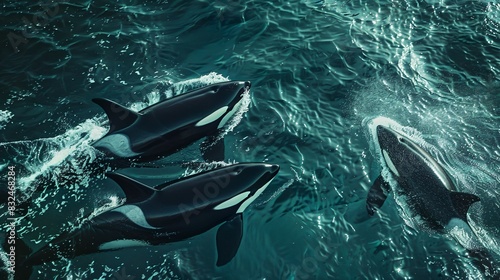 realistic orcas, swimming through churning, ocean. North sea colours atmospheric and just glimpses of the Orcas