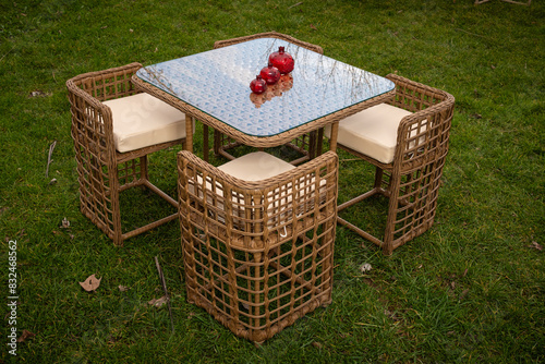 garden furniture on the grass in the foliage