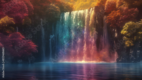 A rainbow of holographic liquid flowing down a high waterfall, galaxy and stars inside the liquid, glowing in vibrant colors, reflecting on its surroundings with an ethereal glow,