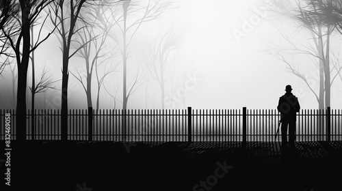 A silhouette depicting a soldier patrolling and standing beside a fence, beautiful landscape in the background.