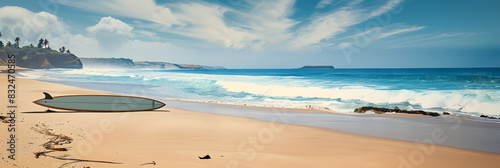 A pristine sandy beach with a solitary surfboard adorns the scene leaving ample room for content