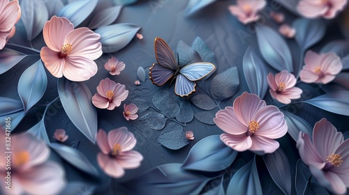 Delicate pink flowers and a blue butterfly amidst lush green leaves on a dark background.