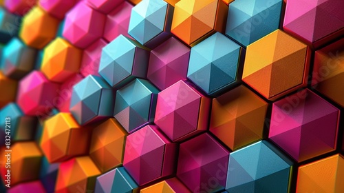 background with colorful hexagons arranged in a honeycomb pattern, copy space