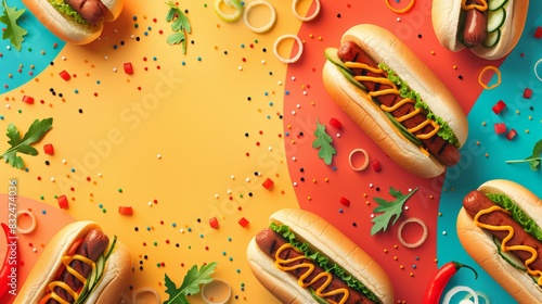 Colorful background with hot dogs, mustard, and toppings. Perfect for a food or summer theme.